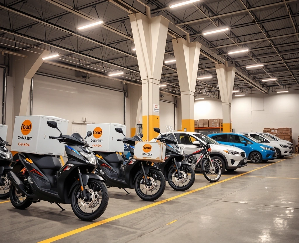 Modern delivery vehicle fleet parked in organized rows at distribution center