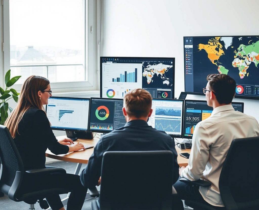 Tech team working on data visualization and analytics dashboard with multiple monitors