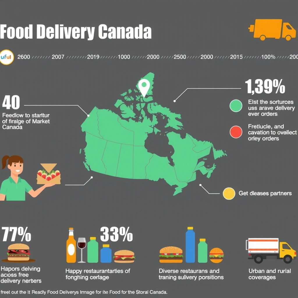 Food Delivery Revolution showing diverse restaurants, delivery bikes, and satisfied customers across Canadian cities