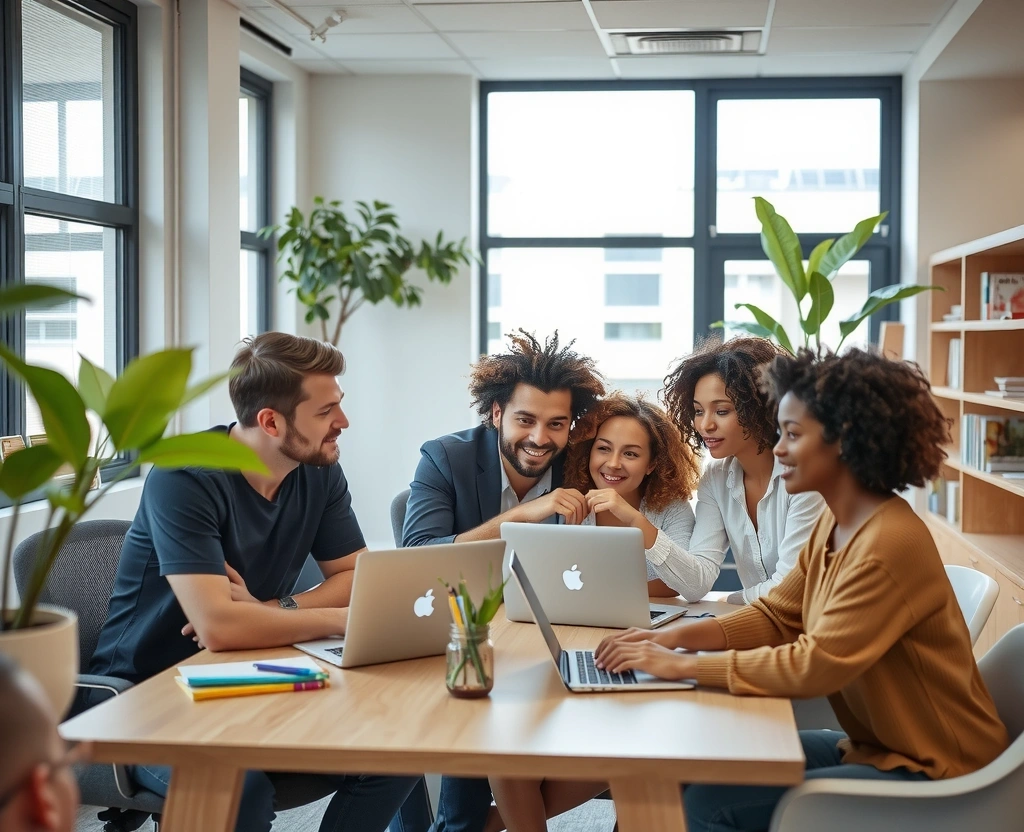 Team members collaborating in a modern office environment