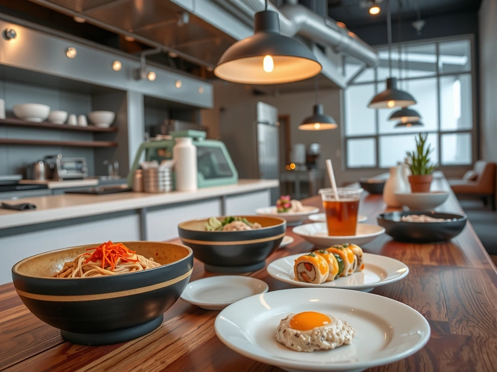 Asian fusion restaurant with vibrant presentation of noodles and sushi