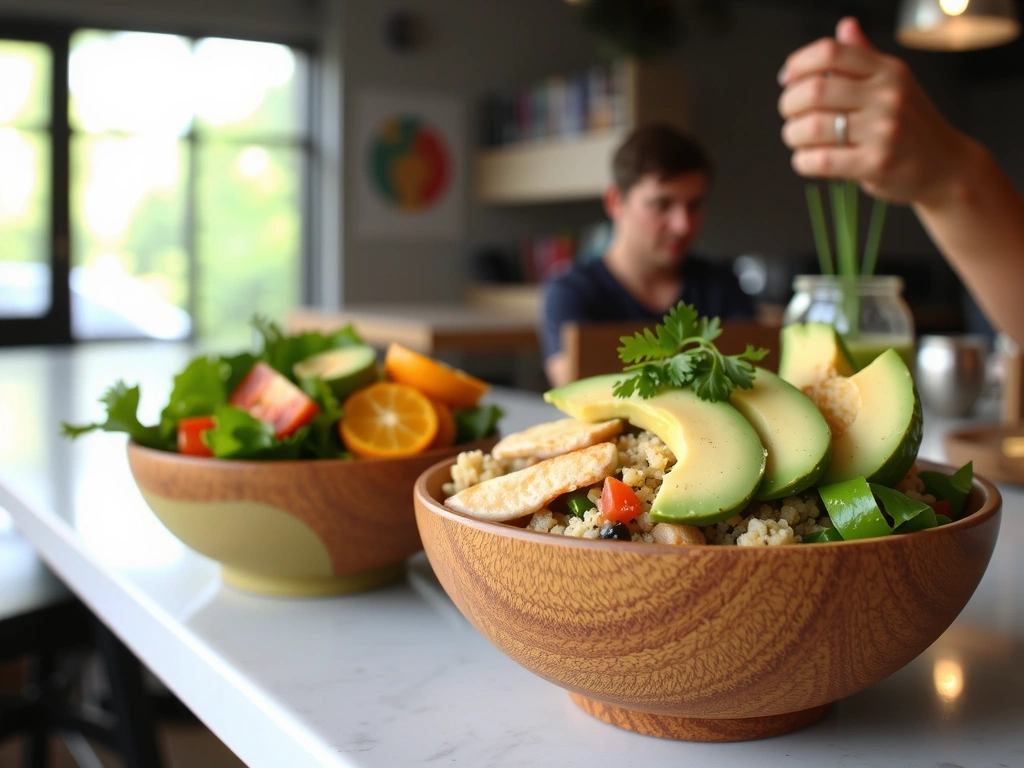 Healthy bowl restaurant with fresh vegetables, grains, and protein options