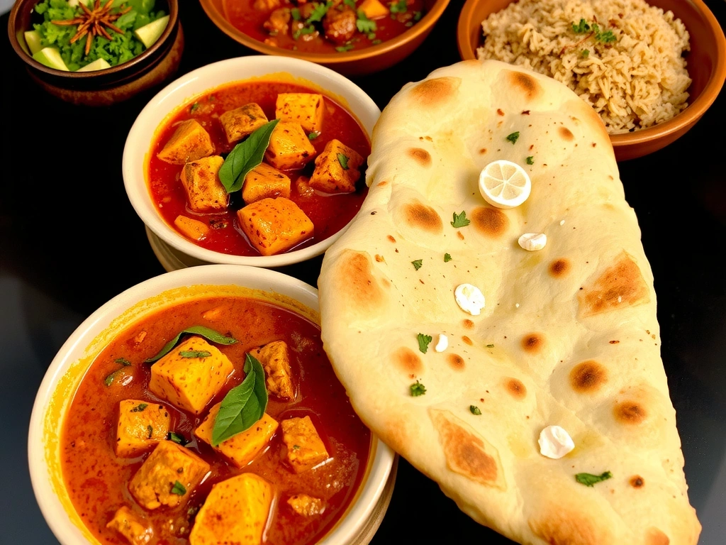 Indian restaurant with fragrant curries, naan bread, and aromatic spices