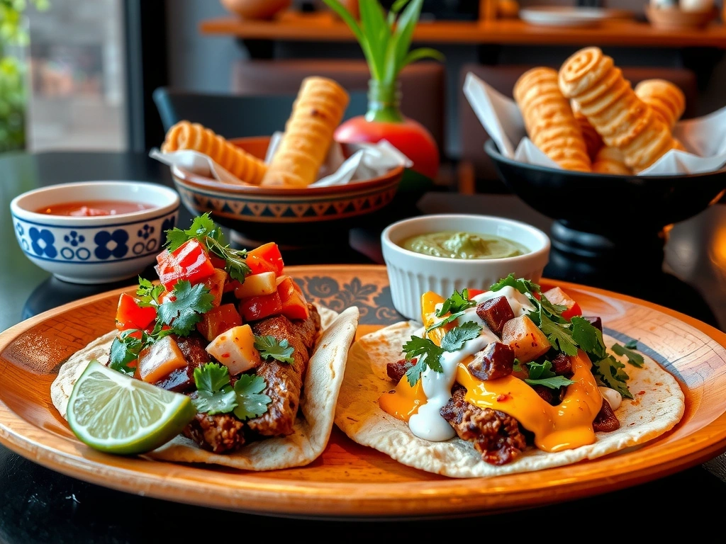 Mexican restaurant with colorful tacos, fresh guacamole, and vibrant plating