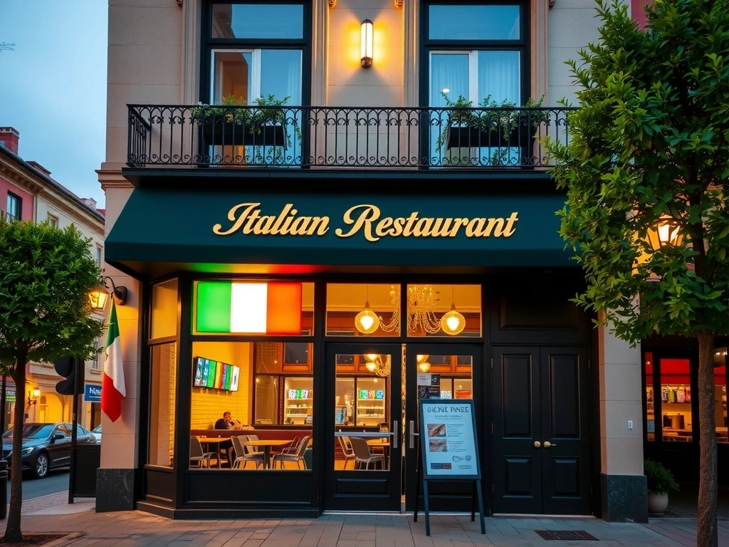 Bella Italia Restaurant storefront with warm lighting and welcoming entrance