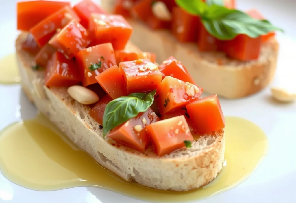 Bruschetta al Pomodoro with fresh tomatoes, basil, and garlic on toasted bread slices