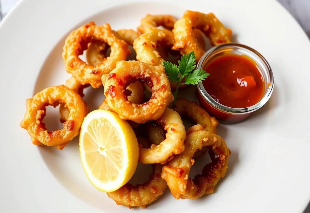 Calamari Fritti golden fried squid rings with lemon and marinara sauce