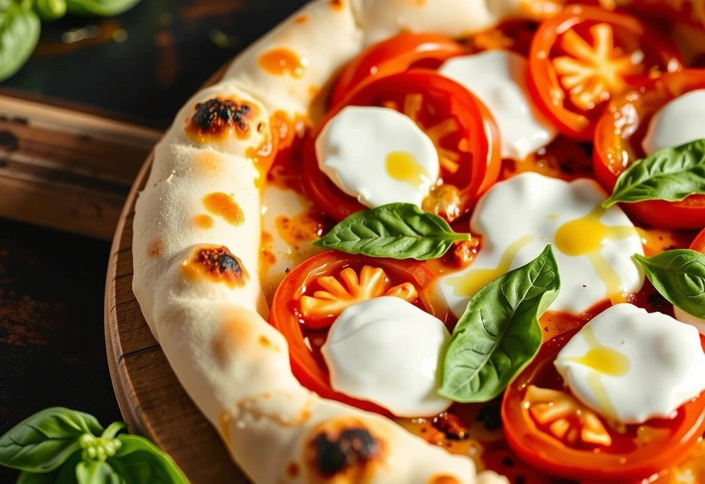 Margherita Pizza with fresh mozzarella, tomatoes, and basil on crispy crust