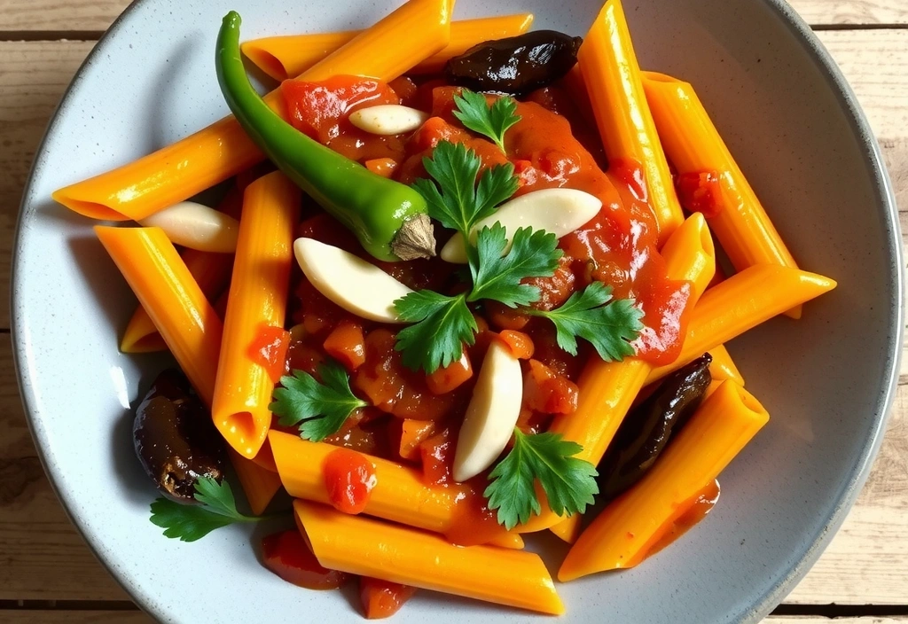 Penne Arrabbiata with spicy tomato sauce and fresh chili peppers