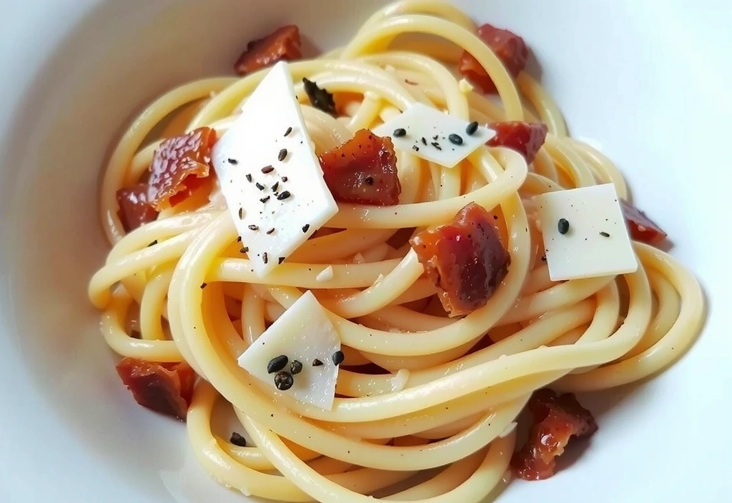 Spaghetti Carbonara with creamy sauce, pancetta, and parmesan cheese